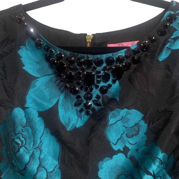 VINTAGE ELIZA J. BLACK & TEAL-BLUE BOAT NECK EMBELLISHED JACQUARD  RHINESTONE - Picture 2 of 16